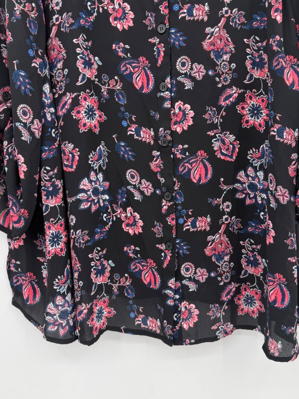 Catherines Top Women 3X NEW Black Pink Sheer Roll Tab Sleeve V Neck Lightweight - Picture 6 of 12